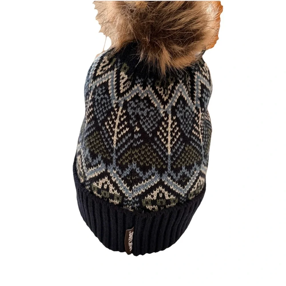 Muk Luks Women's Fair Isle Beanie Hat And Glove Set Black Gray,Blue Faux Fur Pom